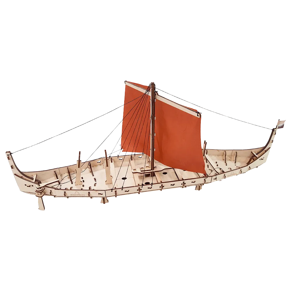 Wooden toy kit: The Viking longship from above with hoisted sail.