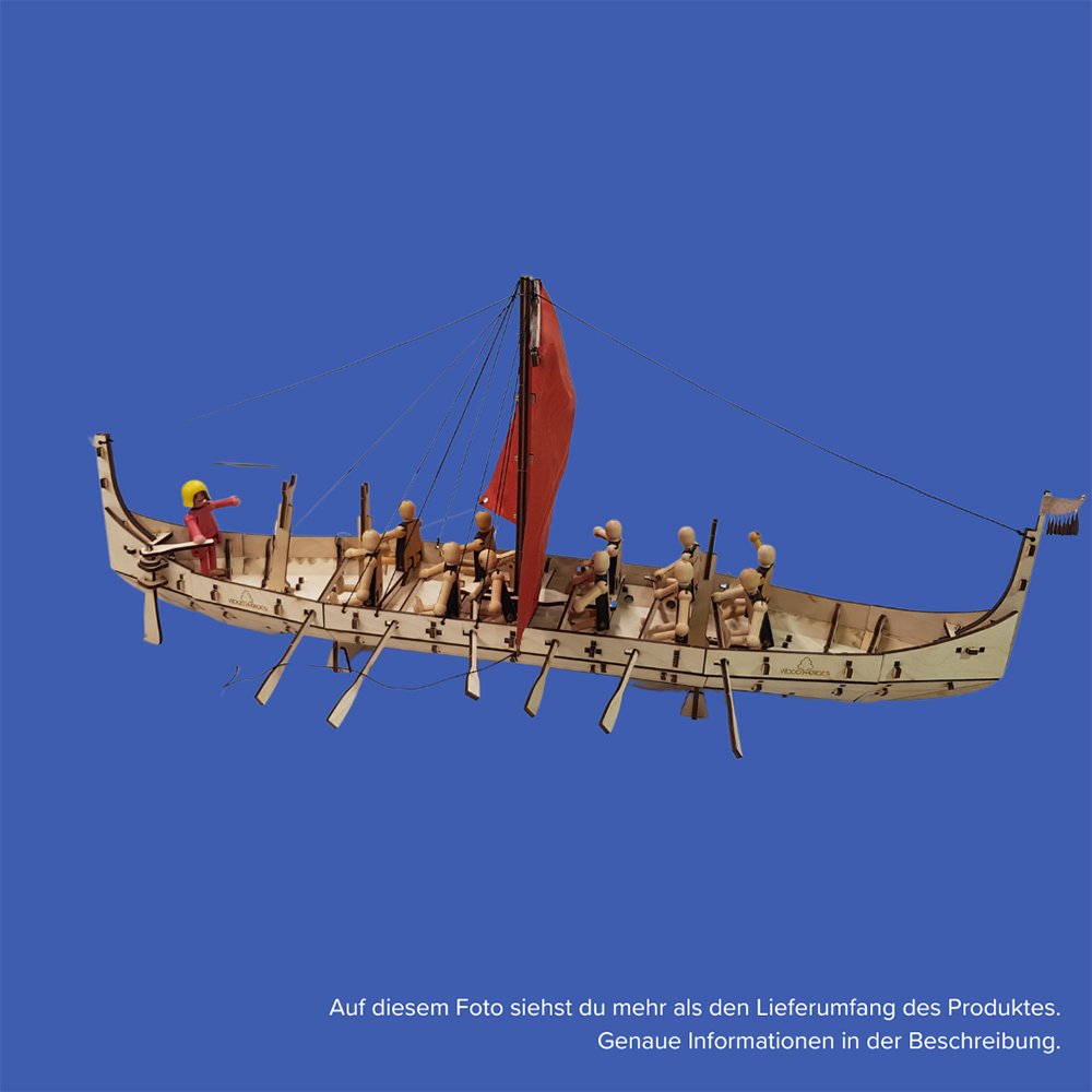 Viking longship from the wooden toy world of WoodHeroes from the side.