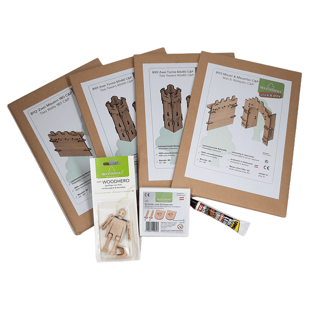 Toy castle - wooden construction set "Castle guard" by WoodHeroes - photo of the packaging