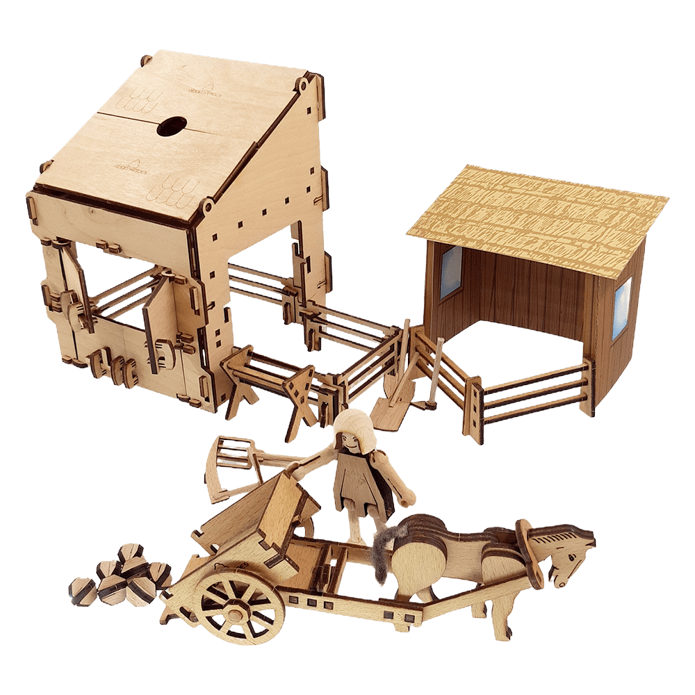 WoodHeroes knight castle wooden toy field work horse stable